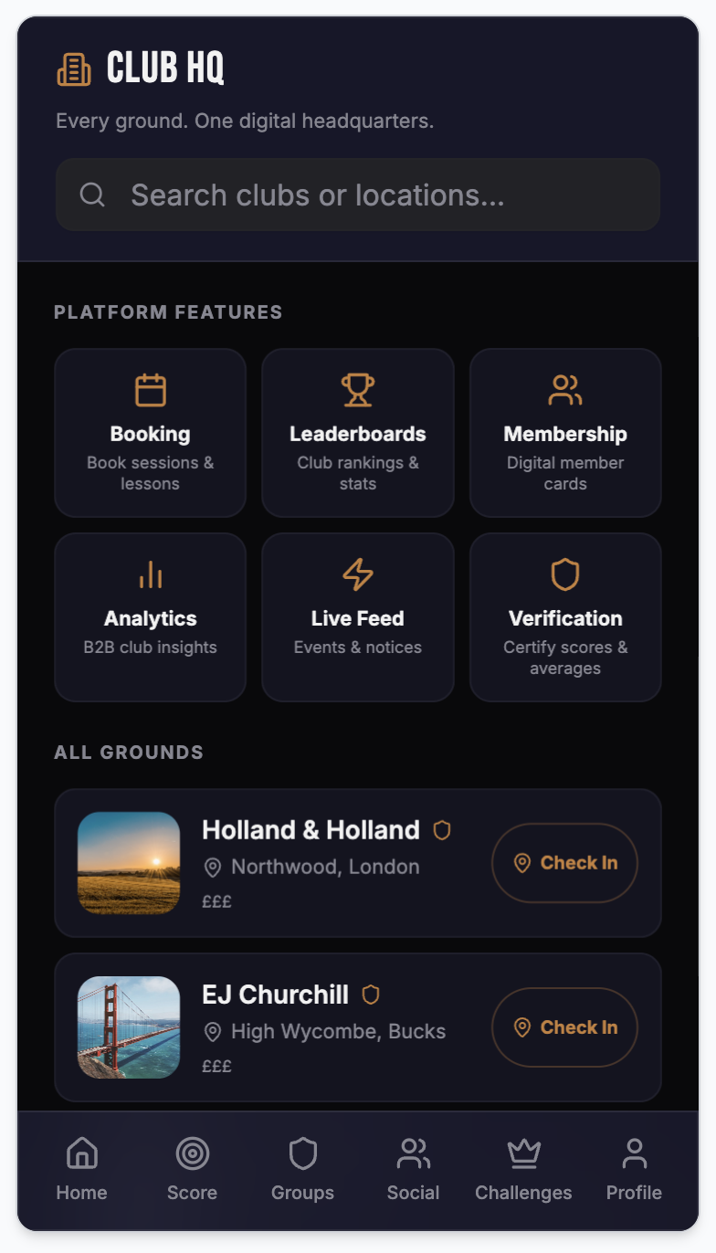 PULL Club HQ screen — grounds and platform features