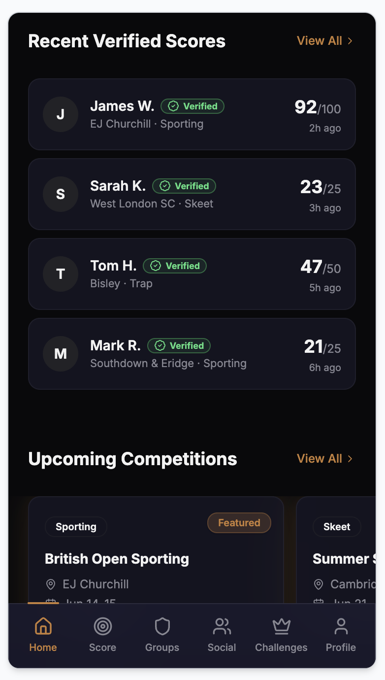 PULL app screen showing recent verified scores