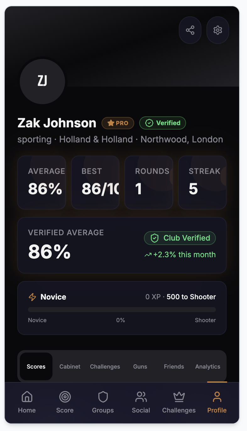 PULL profile screen — shooter profile with verified stats