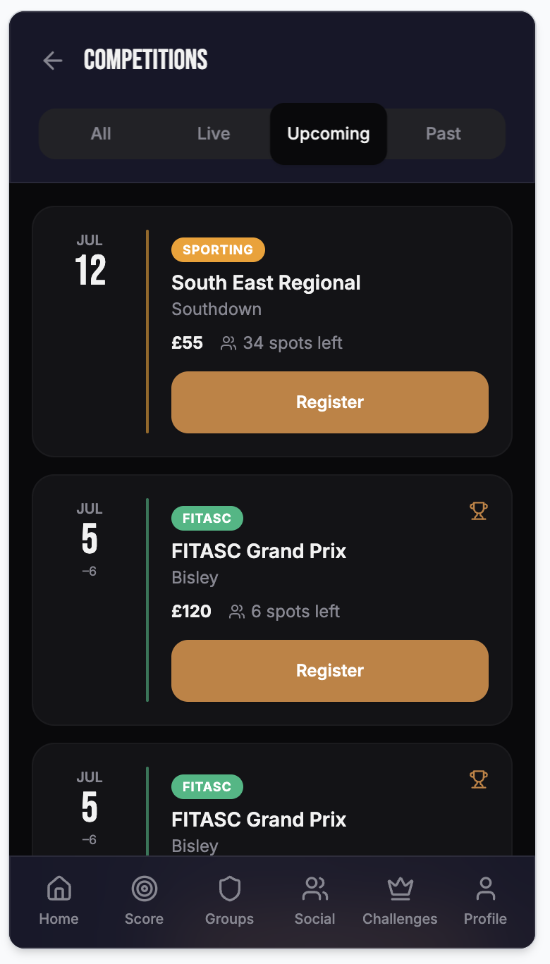 PULL competitions screen — upcoming events