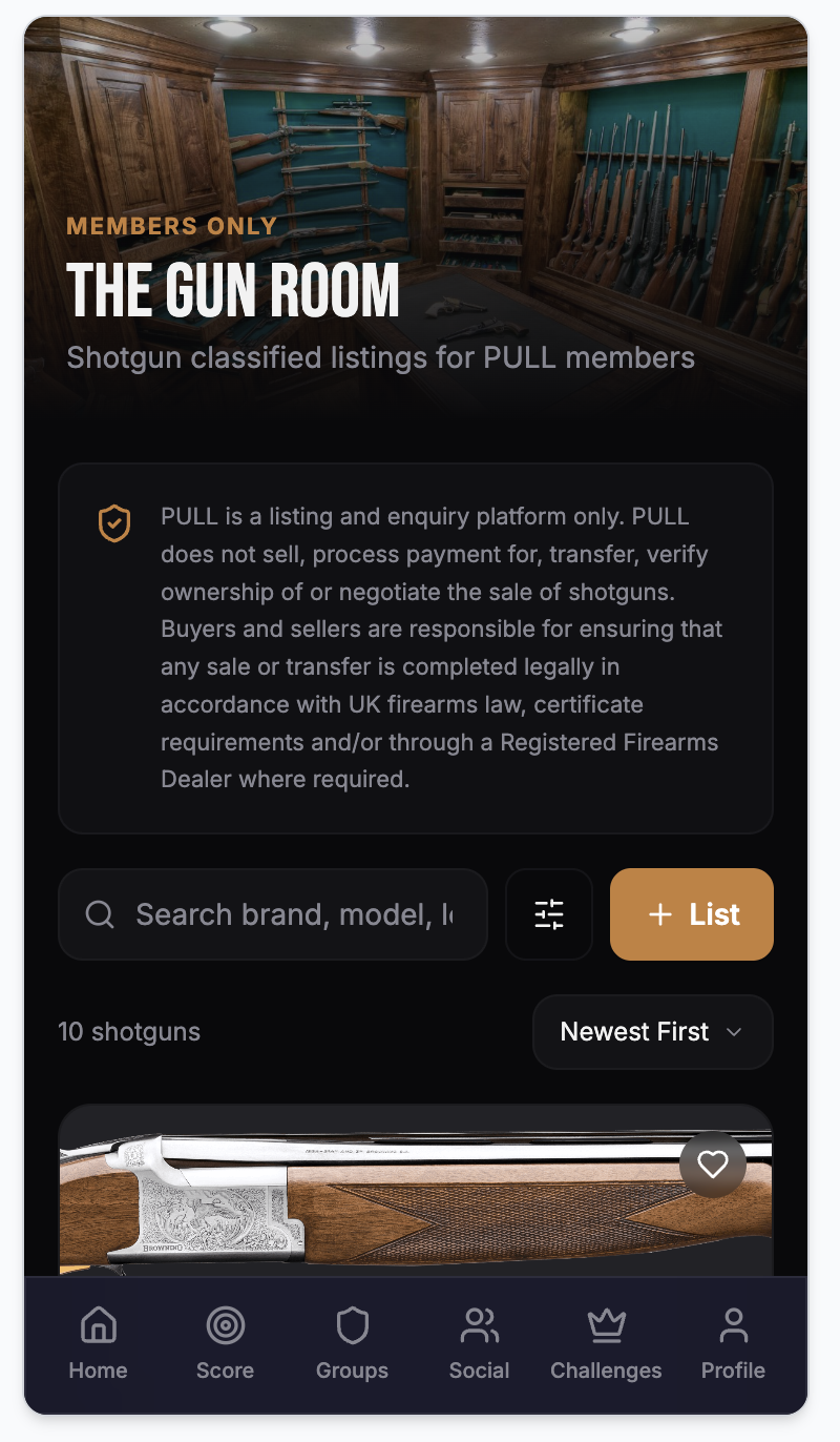 PULL Gun Room app screen showing shotgun classified listings