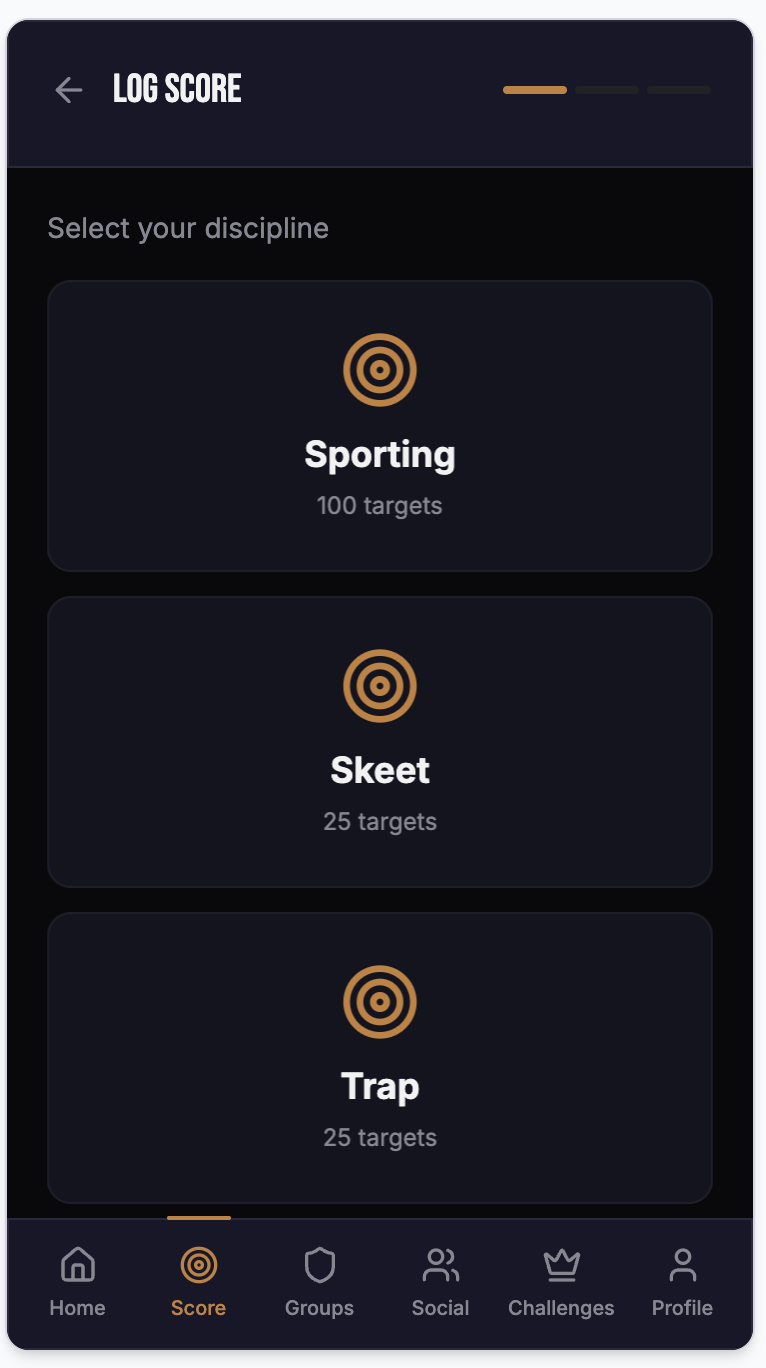 PULL log score discipline selector — Sporting, Skeet, Trap
